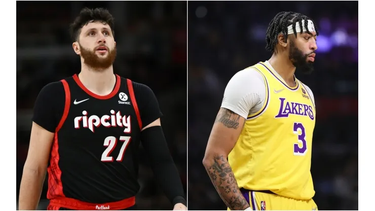 Jusuf Nurkic of the Portland Trail Blazers and Anthony Davis of the Los Angeles Lakers