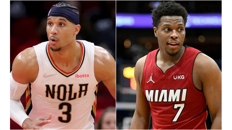 Josh Hart of the New Orleans Pelicans (left) and Kyle Lowry of the Miami Heat (right)