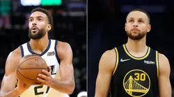 Rudy Gobert of the Utah Jazz and Stephen Curry of the Golden State Warriors