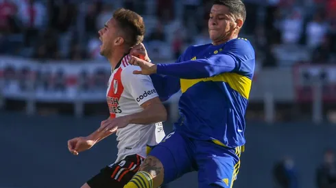Marcos Rojo of Boca Juniors against Agustin Palavecino of River Plate in the last Superclasico.
