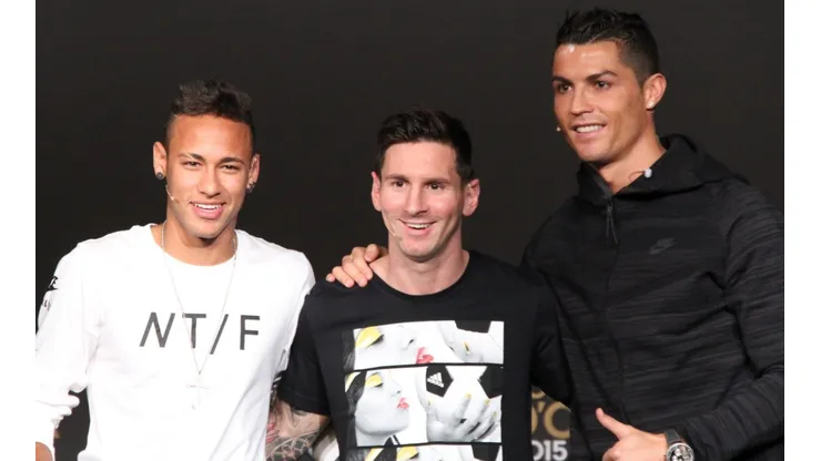 Neymar (left), Lionel Messi (center), and Cristiano Ronaldo.