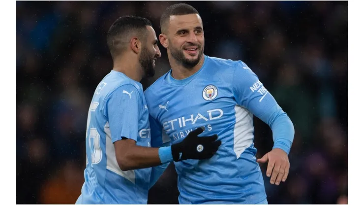 Riyad Mahrez and Kyle Walker of Manchester City