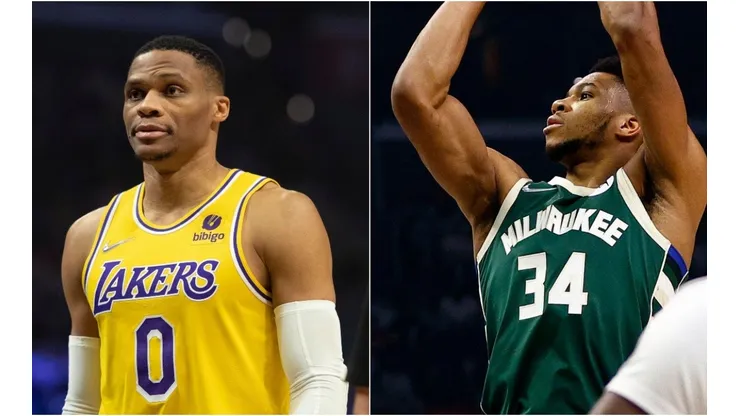Russell Westbrook of Los Angeles Lakers and Giannis Antetokounmpo of the Milwaukee Bucks