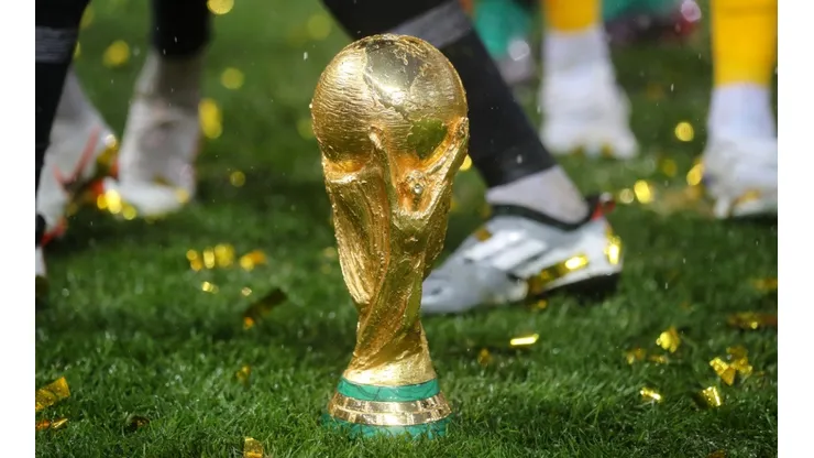 The World Cup trophy is seen on the pitch in 2018