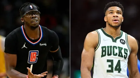 Reggie Jackson of Los Angeles Clippers and Giannis Antetokounmpo of the Milwaukee Bucks