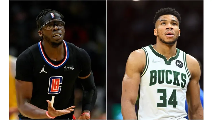 Reggie Jackson of Los Angeles Clippers and Giannis Antetokounmpo of the Milwaukee Bucks