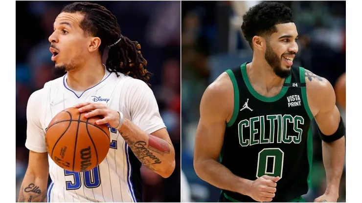 Cole Anthony of the Orlando Magic and Jayson Tatum of the Boston Celtic