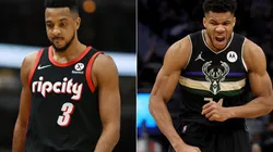 CJ McCollum of the Portland Trail Blazers and Giannis Antetokounmpo of the Milwaukee Bucks
