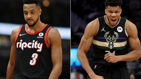 CJ McCollum of the Portland Trail Blazers and Giannis Antetokounmpo of the Milwaukee Bucks