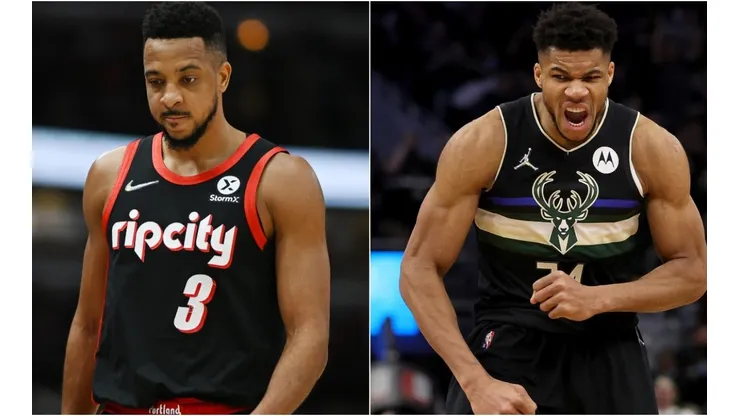 CJ McCollum of the Portland Trail Blazers and Giannis Antetokounmpo of the Milwaukee Bucks