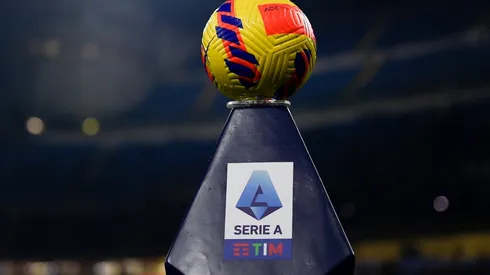 The official Serie A matchball is seen on the pitch