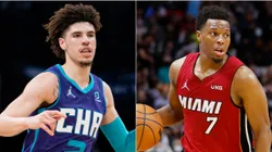 LaMelo Ball of the Charlotte Hornets and Kyle Lowry of the Miami Heat