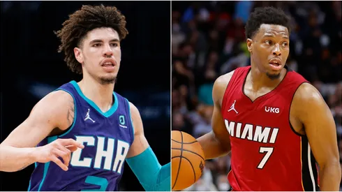 LaMelo Ball of the Charlotte Hornets and Kyle Lowry of the Miami Heat