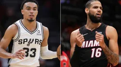 Tre Jones of the San Antonio Spurs (left) and Caleb Martin of the Miami Heat (right)