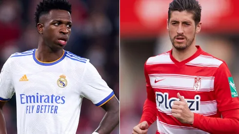 Vinicius of Real Madrid (left) and Sergio Escudero of Granada (right)