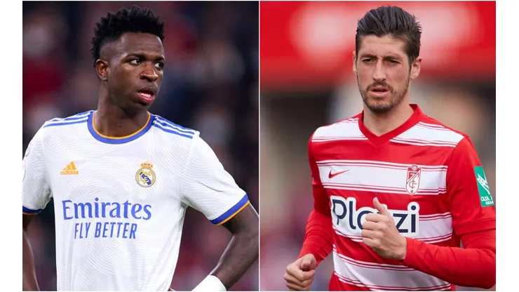 Vinicius of Real Madrid (left) and Sergio Escudero of Granada (right)