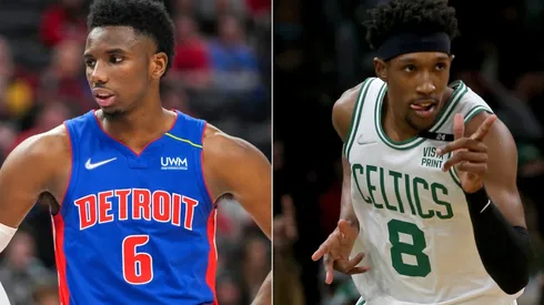 Hamidou Diallo of the Detroit Pistons (left) and Josh Richardson of the Boston Celtics (right)