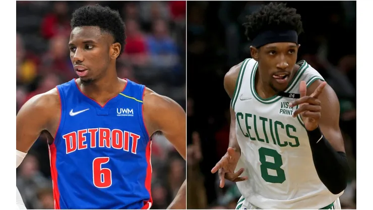 Hamidou Diallo of the Detroit Pistons (left) and Josh Richardson of the Boston Celtics (right)