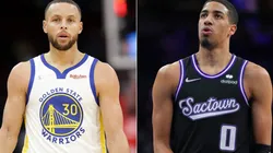 Stephen Curry of the Golden State Warriors (left) and Tyrese Haliburton of the Sacramento Kings (right)