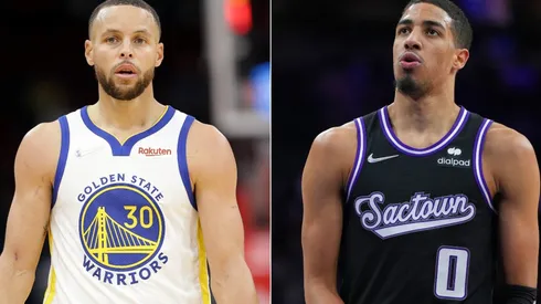Stephen Curry of the Golden State Warriors (left) and Tyrese Haliburton of the Sacramento Kings (right)