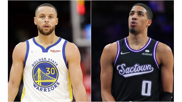 Stephen Curry of the Golden State Warriors (left) and Tyrese Haliburton of the Sacramento Kings (right)