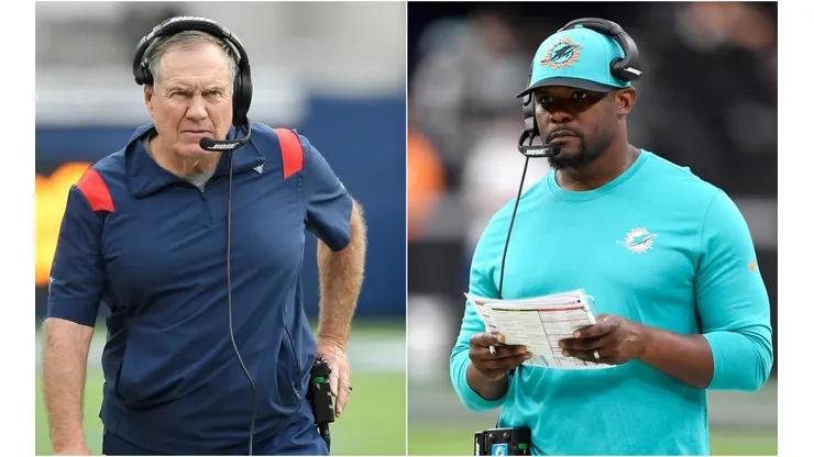 Bill Belichick of New England (left) and Brian Flores
