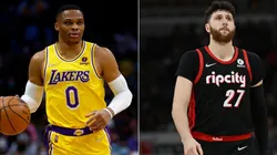 Russell Westbrook of the Los Angeles Lakers and Jusuf Nurkic of the Portland Trail Blazers