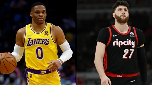Russell Westbrook of the Los Angeles Lakers and Jusuf Nurkic of the Portland Trail Blazers