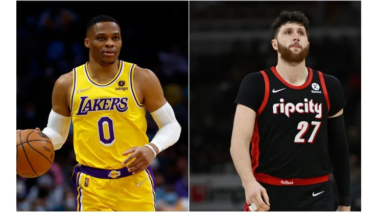 Russell Westbrook of the Los Angeles Lakers and Jusuf Nurkic of the Portland Trail Blazers