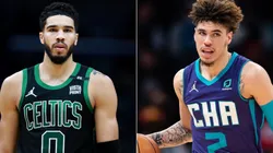 Jayson Tatum of the Boston Celtics and LaMelo Ball of the Charlotte Hornets