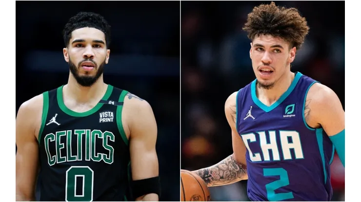 Jayson Tatum of the Boston Celtics and LaMelo Ball of the Charlotte Hornets