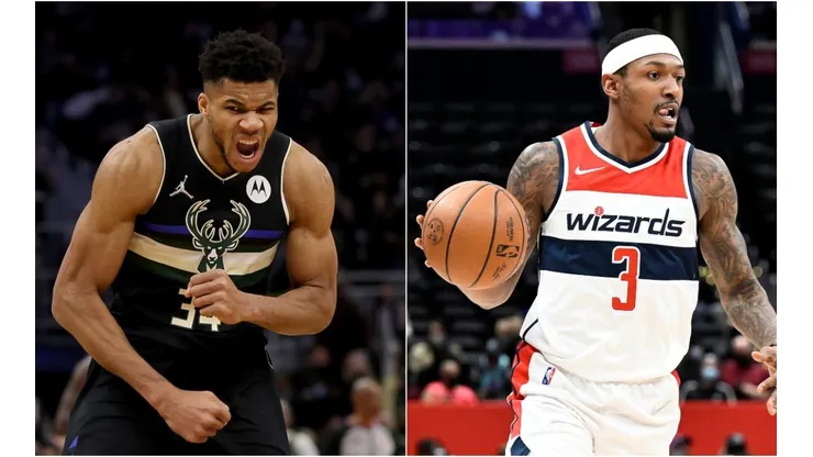 Giannis Antetokounmpo of the Milwaukee Bucks and Bradley Beal of the Washington Wizards