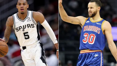 Dejounte Murray of the San Antonio Spurs and Stephen Curry of the Golden State Warriors