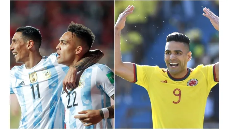 Angel Di Maria and Lautaro Martinez of Argentina and Radamel Falcao of Colombia