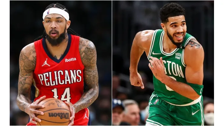 Brandon Ingram of the New Orleans Pelicans and Jayson Tatum of the Boston Celtics