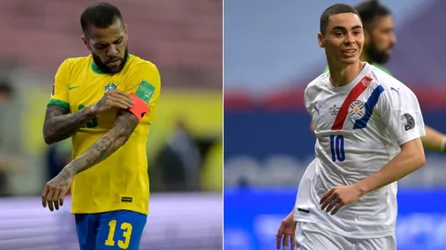 Dani Alves of Brazil and Miguel Almiron of Paraguay