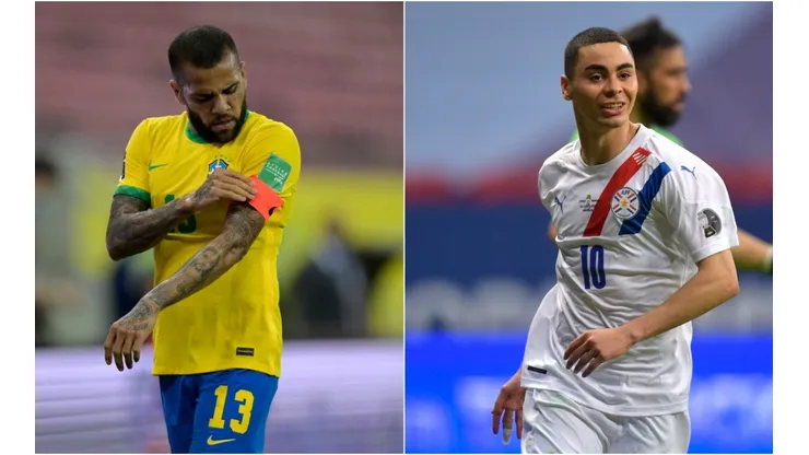 Dani Alves of Brazil and Miguel Almiron of Paraguay