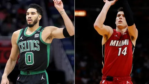 Jayson Tatum of the Boston Celtics and Tyler Herro of the Miami Heat