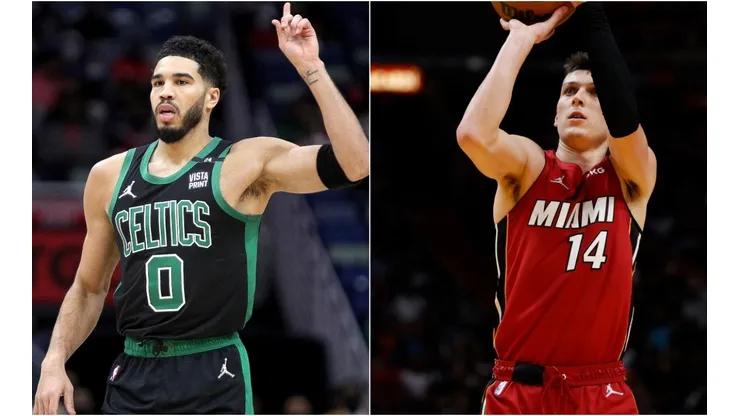 Jayson Tatum of the Boston Celtics and Tyler Herro of the Miami Heat