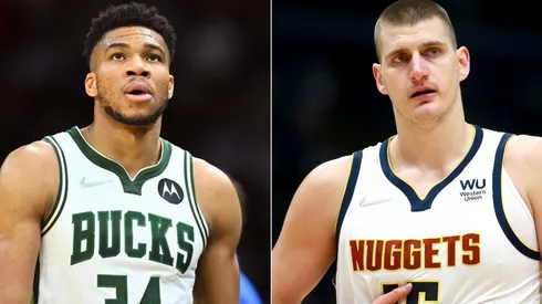 Giannis Antetokounmpo of the Milwaukee Bucks and Nikola Jokic of the Denver Nuggets