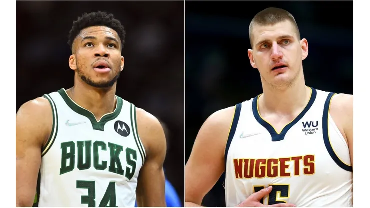 Giannis Antetokounmpo of the Milwaukee Bucks and Nikola Jokic of the Denver Nuggets