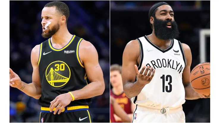 Stephen Curry of the Golden State Warriors and James Harden of the Brooklyn Nets