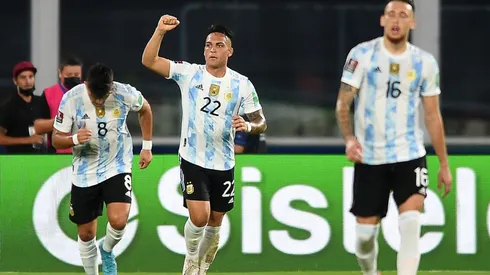 Lautaro Martinez celebrates his game-winning goal for Argentina against Colombia.