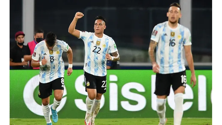 Lautaro Martinez celebrates his game-winning goal for Argentina against Colombia.