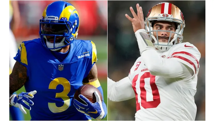 Odell Beckham Jr. of the Los Angeles Rams (left) and Jimmy Garoppolo #10 of the San Francisco 49ers (right)