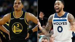 Jordan Poole of the Golden State Warriors (left) and D'Angelo Russell of the Minnesota Timberwolves (right)