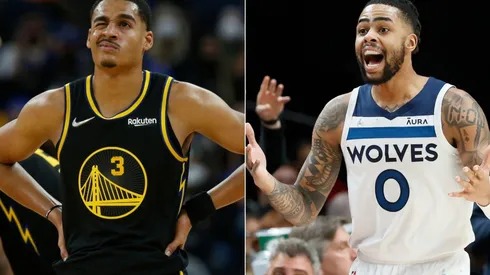 Jordan Poole of the Golden State Warriors (left) and D'Angelo Russell of the Minnesota Timberwolves (right)