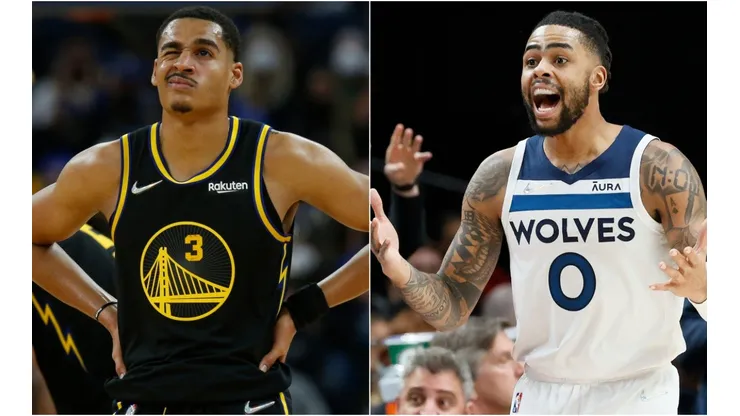 Jordan Poole of the Golden State Warriors (left) and D'Angelo Russell of the Minnesota Timberwolves (right)