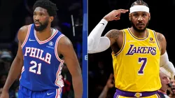 Joel Embiid of the Philadelphia 76ers (left) and Carmelo Anthony of the Los Angeles Lakers (right)