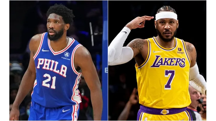 Joel Embiid of the Philadelphia 76ers (left) and Carmelo Anthony of the Los Angeles Lakers (right)